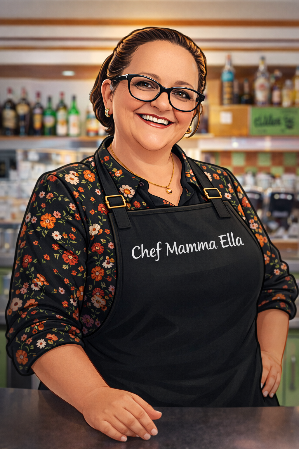 La chef Mamma Ella sorride con il grembiule nel suo ristorante.