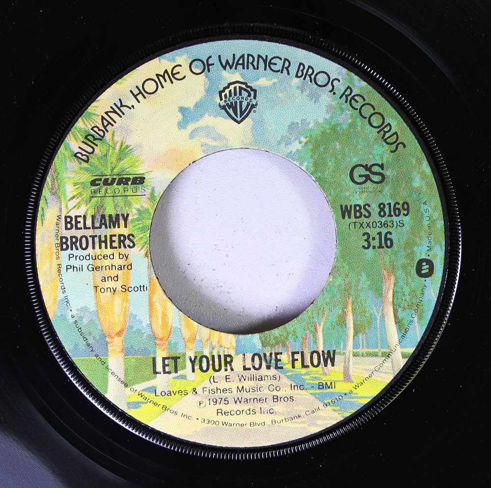 Bellamy Brothers Warner Bros. Records label for “Let Your Love Flow” on a colorful vinyl record center label