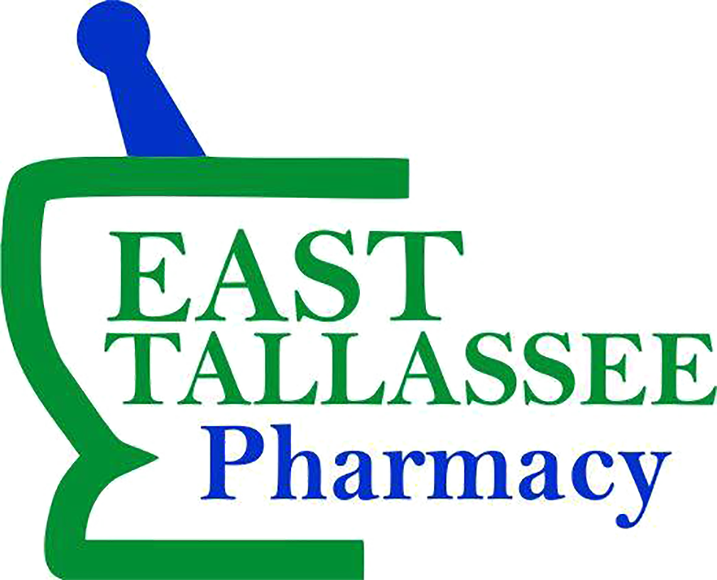 East Tallassee Pharmacy logo in green and blue with a stylized bottle icon