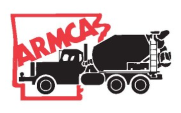 Black and red logo of a concrete mixer truck,