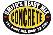 Smith's Ready Mix Concrete logo: Oval with black, yellow, and white text. Says "Concrete," and "The Right Mix, Right on Time."