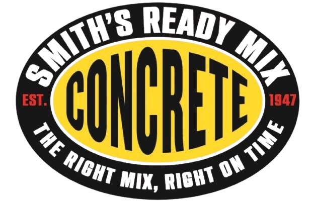 Smith's Ready Mix Concrete logo: Oval with black, yellow, and white text. Says "Concrete," and "The Right Mix, Right on Time."