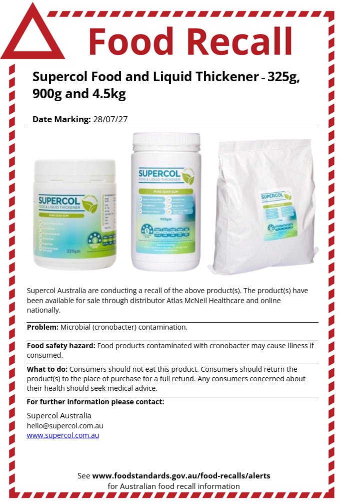 Food recall notice for Supercol Food and Liquid Thickener due to Cronobacter contamination