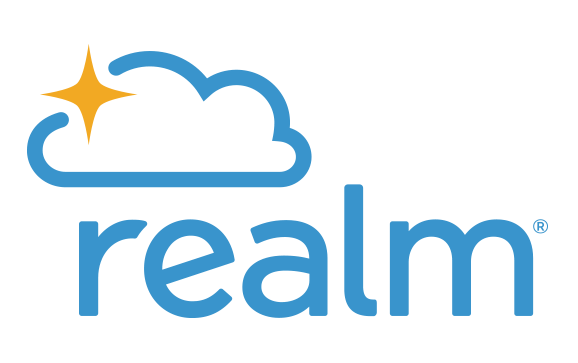 Realm logo with blue cloud outline, orange sparkle, and blue lowercase text