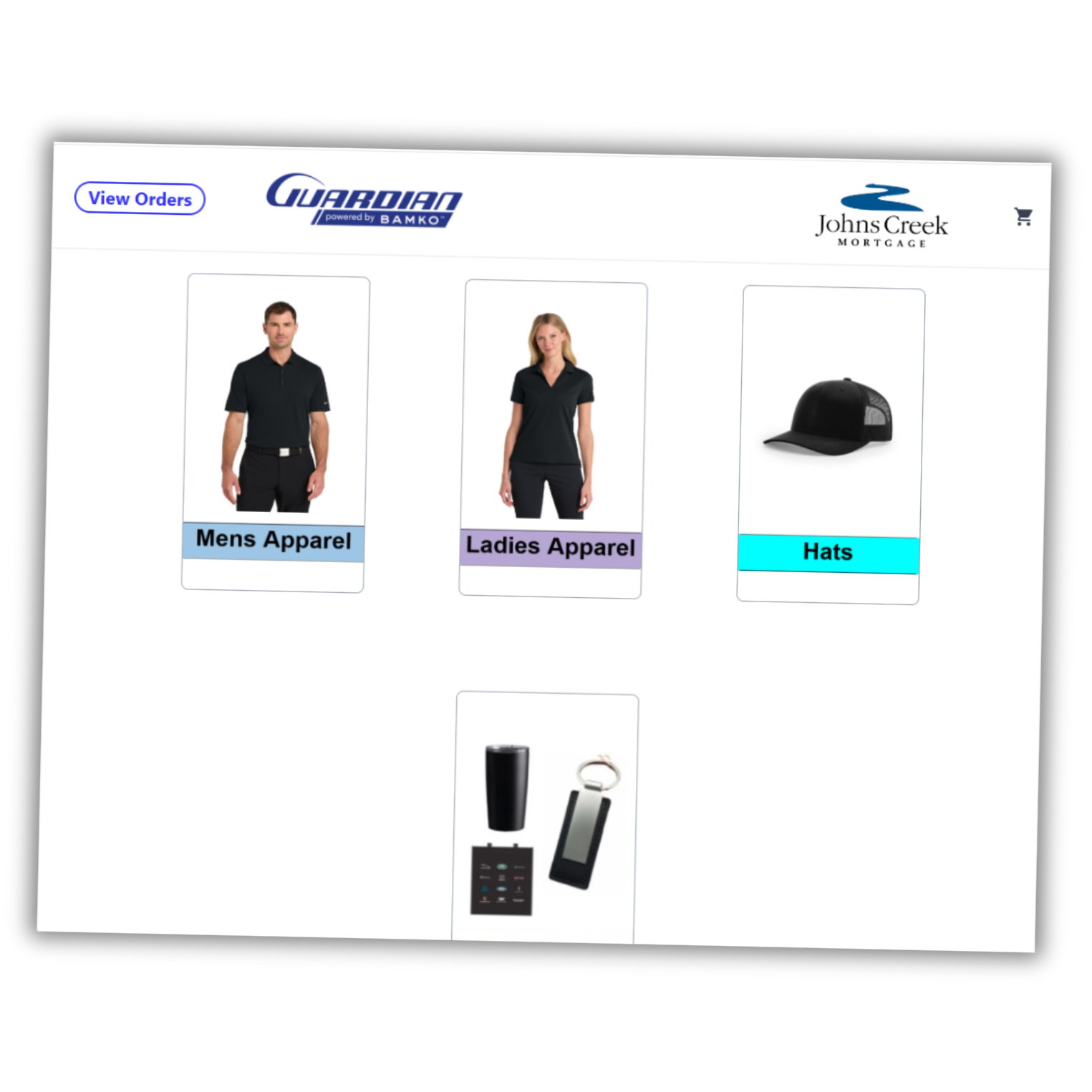 Online store page showing category tiles for men’s apparel, ladies’ apparel, hats, and accessories