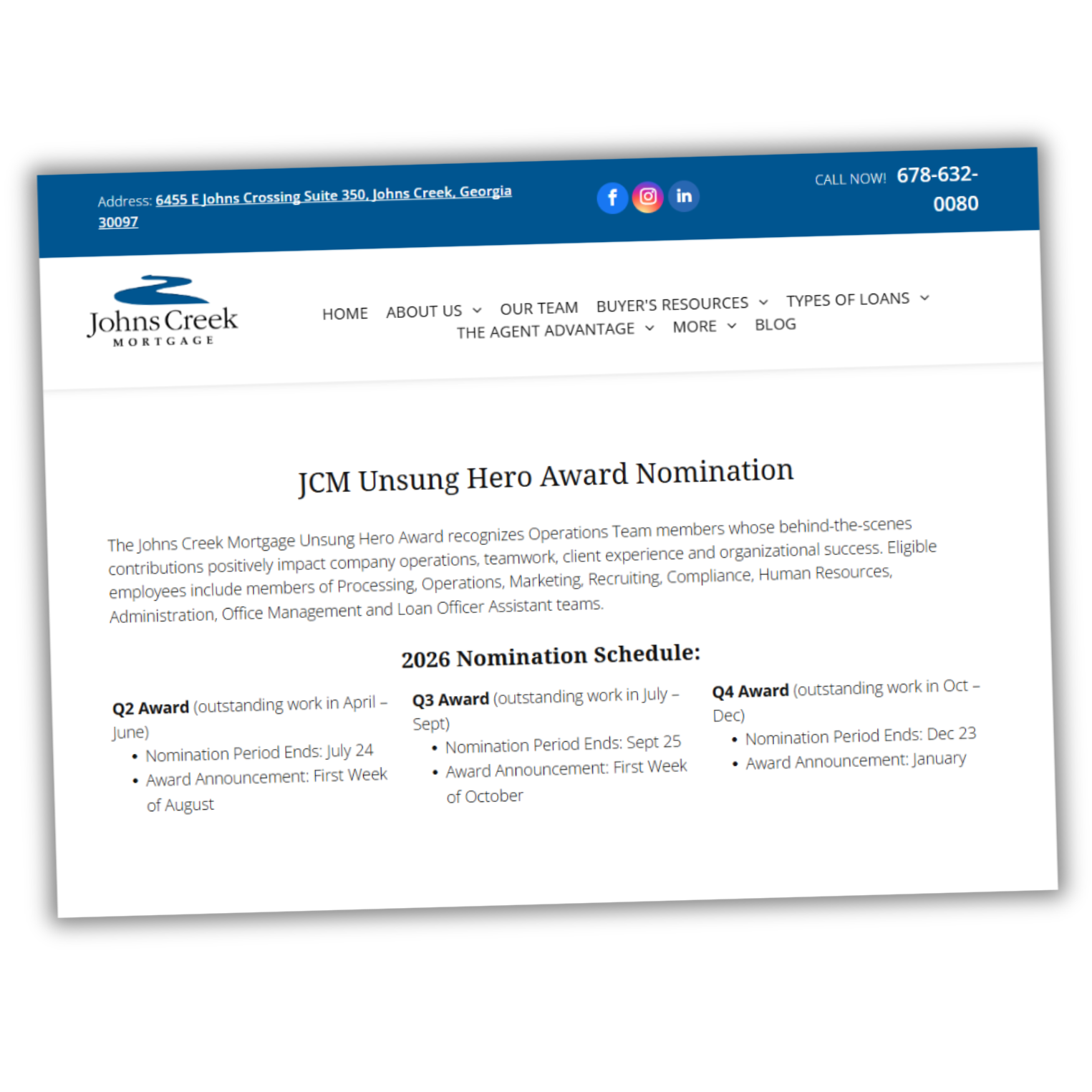 Website page for JCM Unsung Hero Award nomination, with blue header and nomination schedule sections