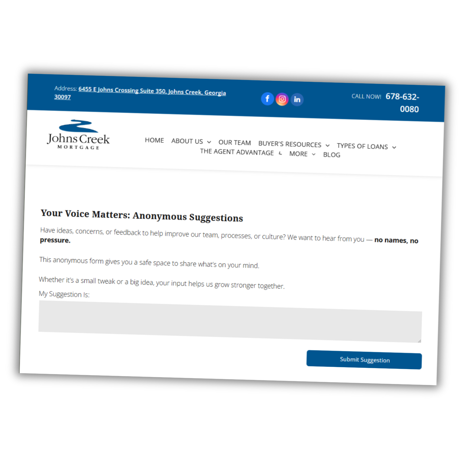 Johns Creek website feedback page with an anonymous suggestions form and blue Submit button