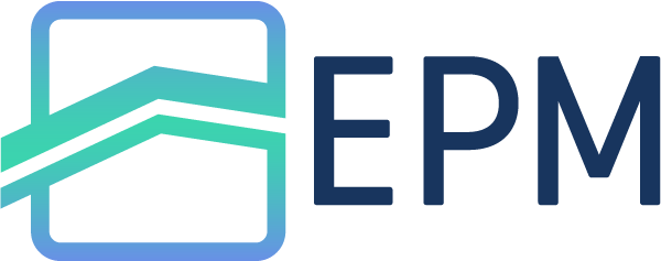 EPM logo with blue rounded square and teal roof-like line graphic