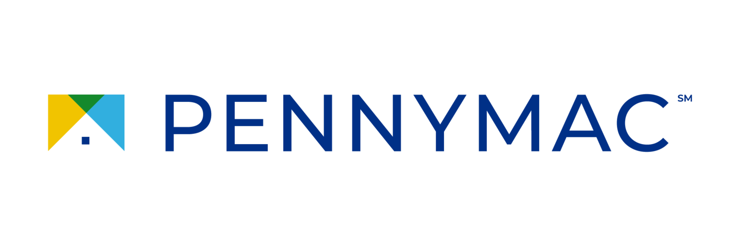 Pennymac logo with blue text and a yellow, blue, and teal geometric icon