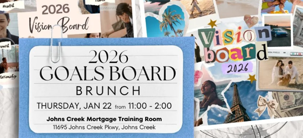 2026 Goals Board Brunch flyer on a blue collage background with photos and “Vision Board 2026” text