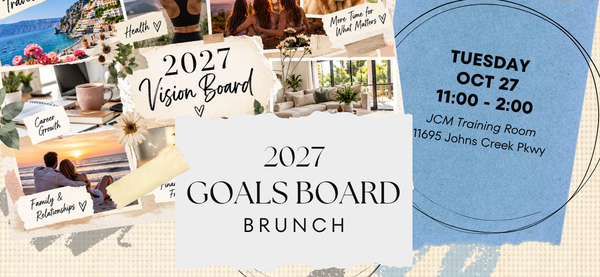 2026 goals board brunch flyer with blue collage background and event details for Thursday, Jan 22, 1–2 pm