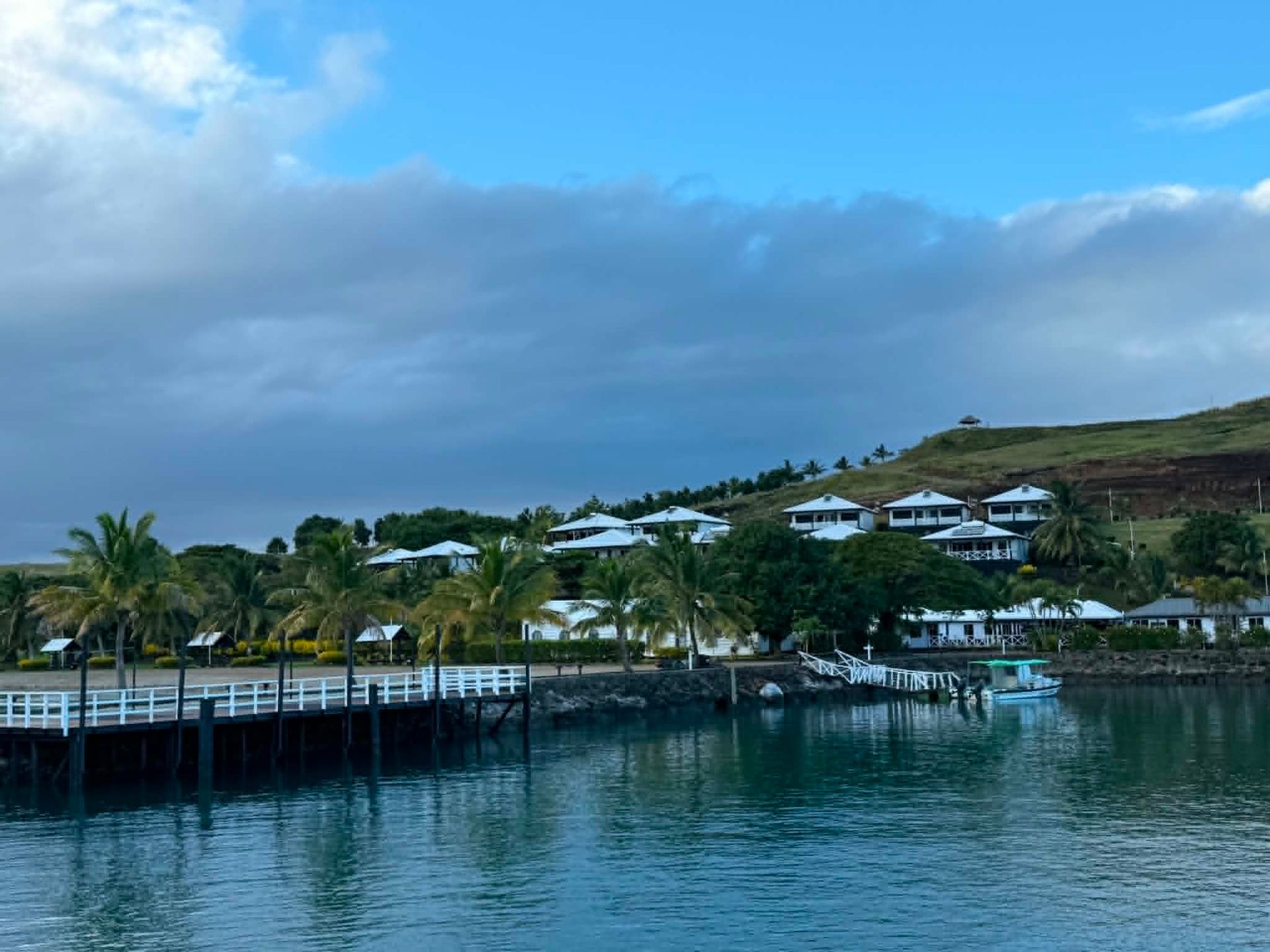 Tropical waterfront with dock, calm blue water, palm trees, and hillside houses under cloudy sky