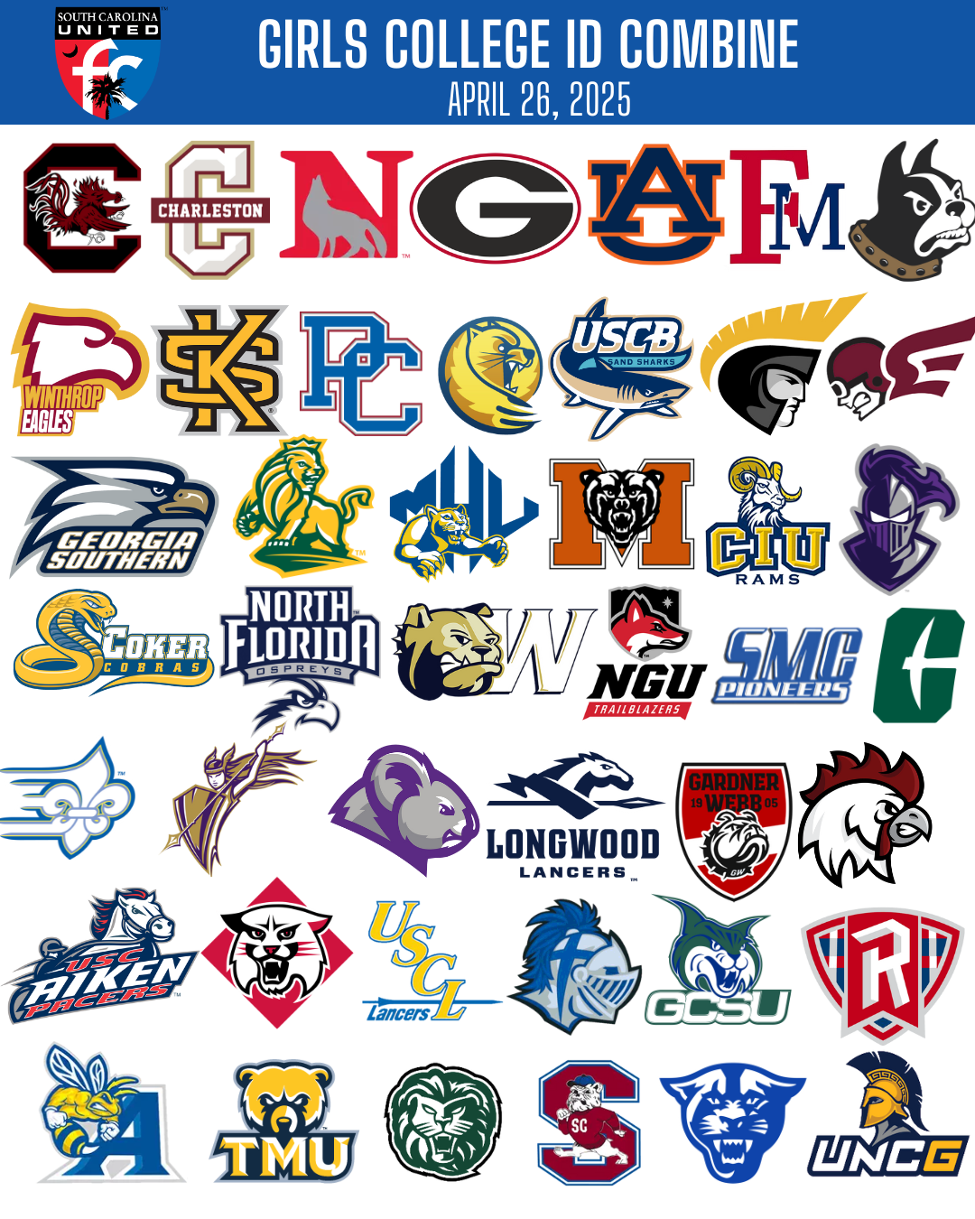 A poster for South Carolina United FC girls college id combine april 27 , 2024