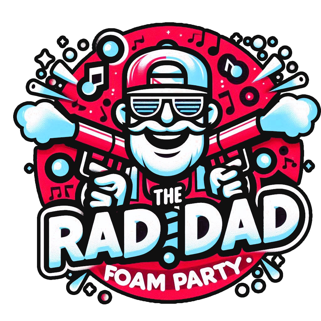 Bold cartoon logo of a smiling dad in sunglasses, red and blue, with “The Rad Dad Foam Party” text