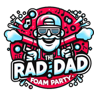 Bold cartoon logo of a smiling dad in sunglasses, red and blue, with &ldquo;The Rad Dad Foam Party&rdquo; text