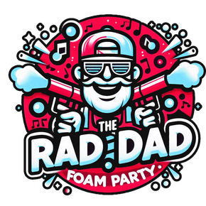 Bold cartoon logo of a smiling dad in sunglasses, red and blue, with &ldquo;The Rad Dad Foam Party&rdquo; text