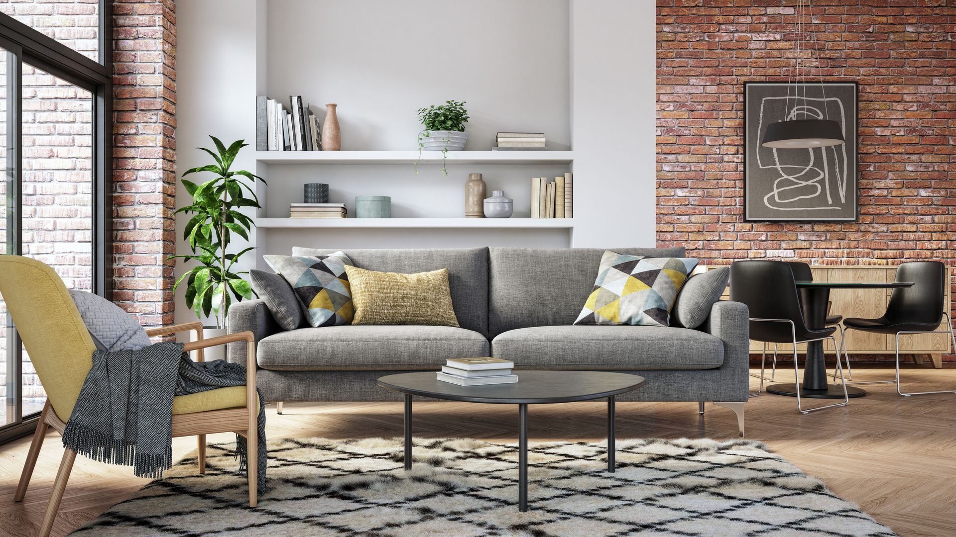 Living room with gray sofa, brick wall, yellow chair, and modern art.