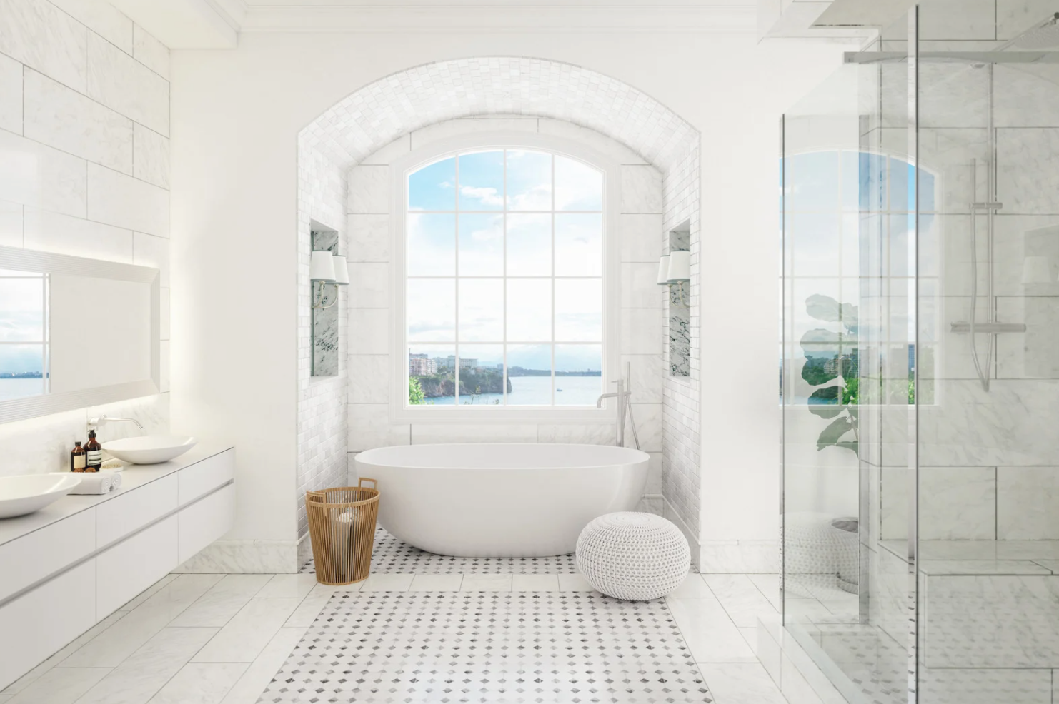 Modern white living room with a beige sectional sofa, arched windows, and a geometric patterned armchair.