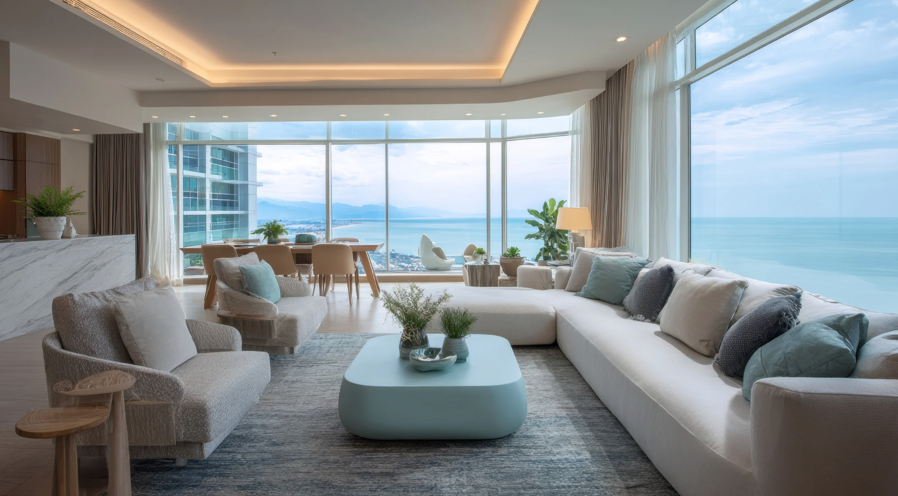 Modern white living room with a beige sectional sofa, arched windows, and a geometric patterned armchair.