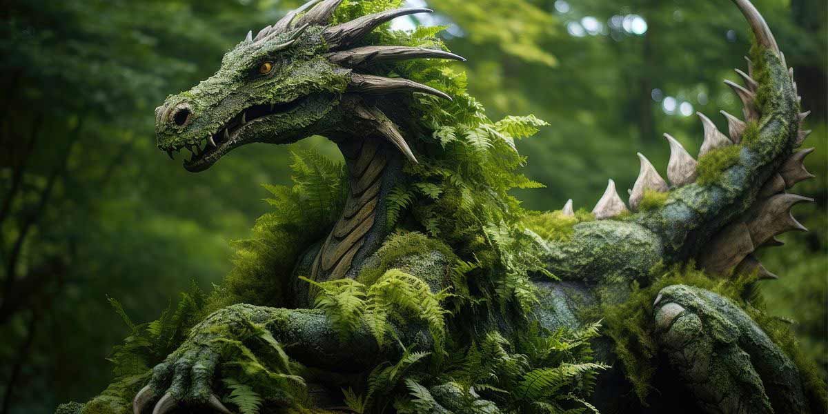 A moss-covered dragon in a forest. Green and brown tones.