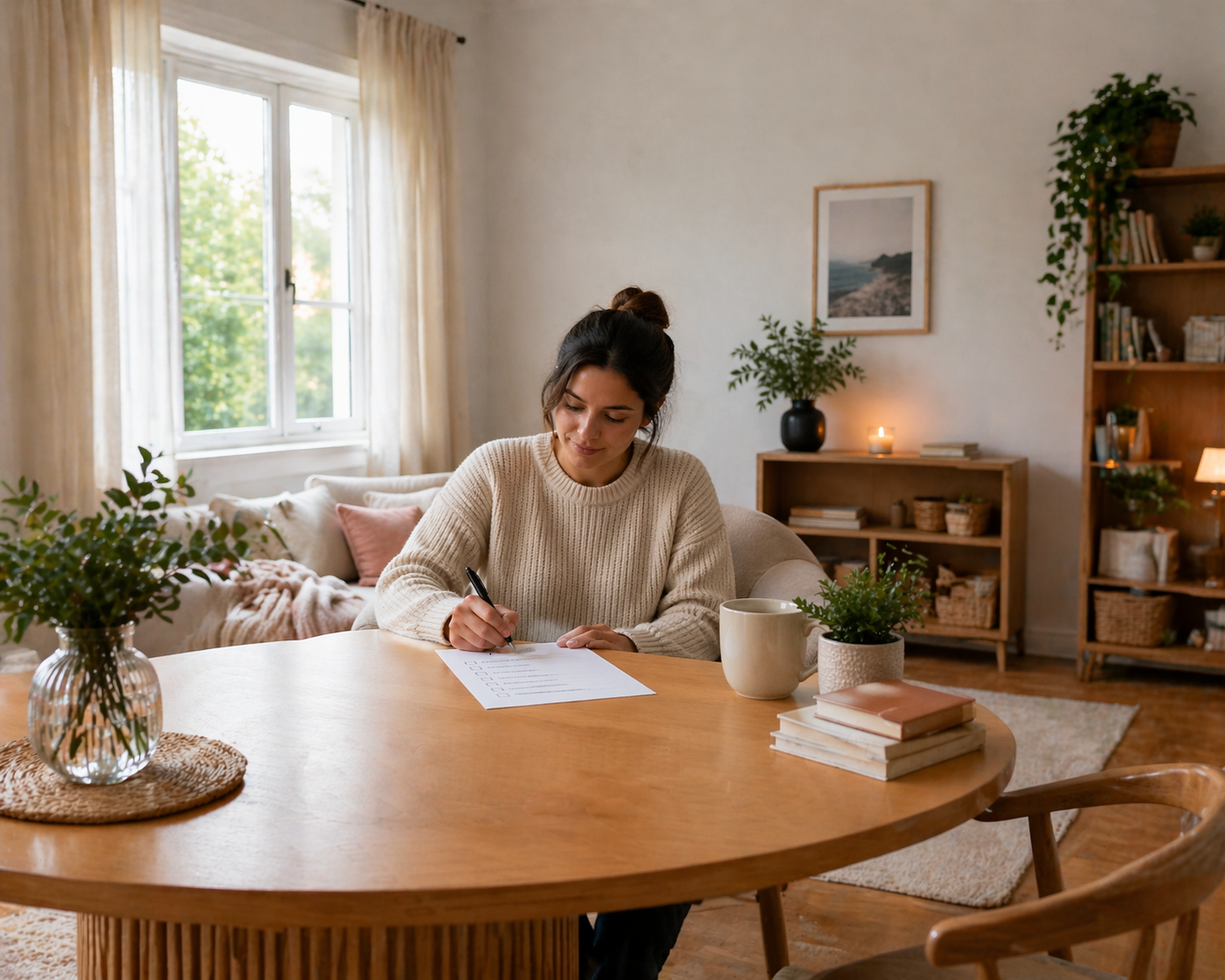 A woman working in a bright home office with plants and a window.