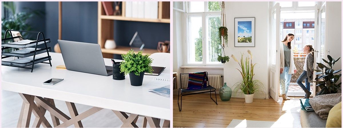 Desk with laptop and plant, home interior with mother and daughter standing in doorway.