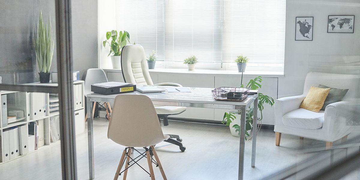 Bright, modern office with a desk, chair, and white armchair. Plants and a window with blinds add to the clean look.