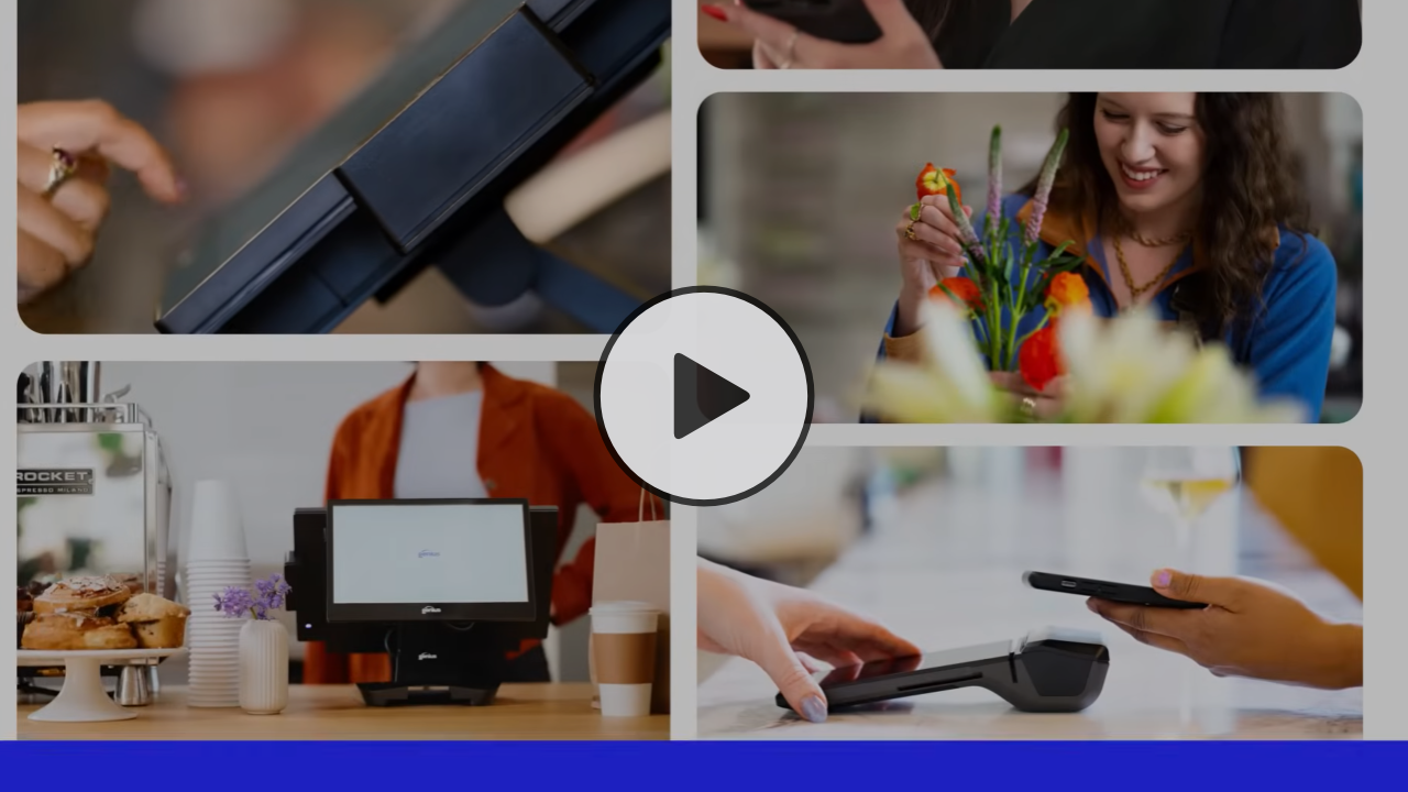 Collage of retail and payment scenes: card reader, small business register, flowers, and mobile card payment