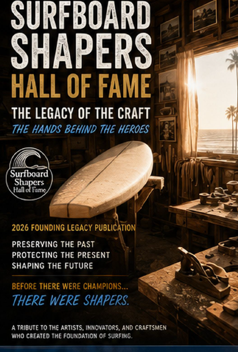 Huntington Beach Hall of Fame Surfboard Shapers Vintage surfboard shaper poster with workshop scene, beige board, and bold title text about Hall of Fame craft