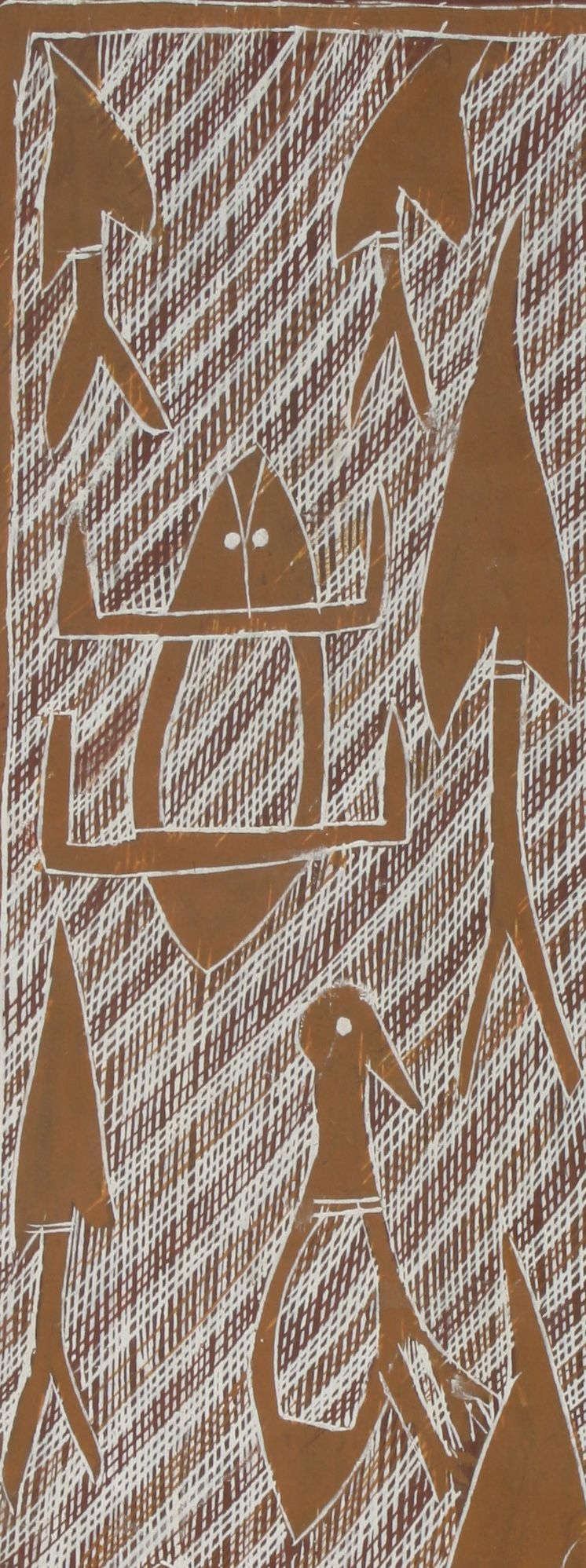 A close up of a drawing of a bird on a brown background.
