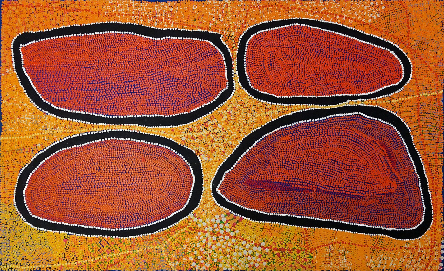 A painting of four circles on a orange background