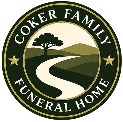 Coker Family Funeral Home logo with tree, winding road, hills, and gold stars on a green circular emblem