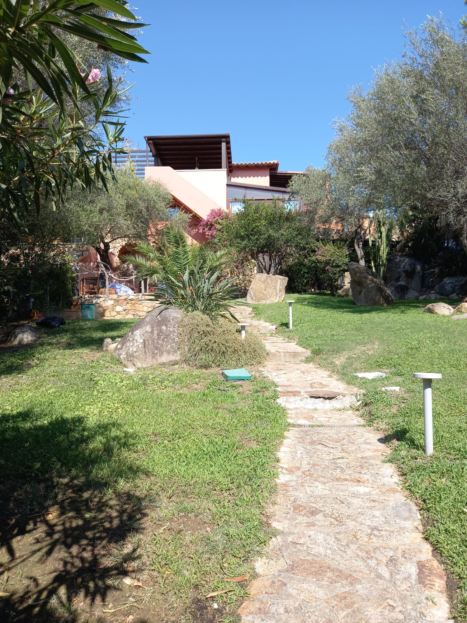 Sentiero in pietra attraverso un rigoglioso cortile verde che conduce a un edificio a due piani in una giornata di sole.