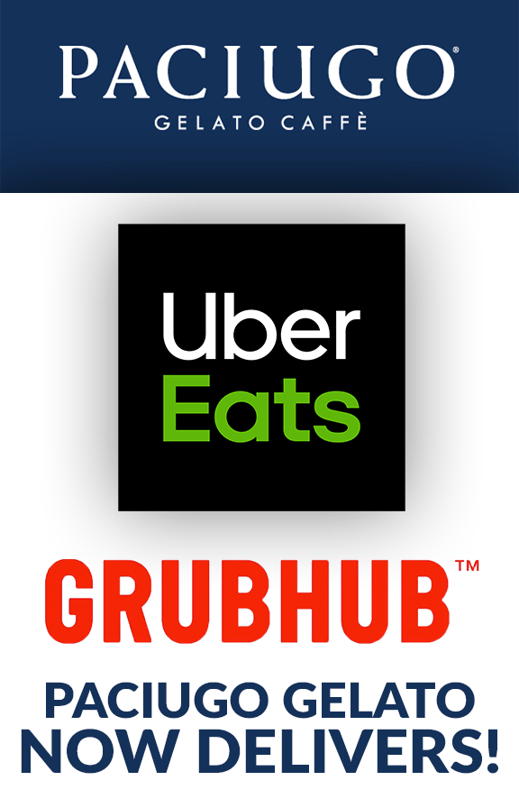 Paciugo Gelato Caffe delivers with Uber Eats and Grubhub. Logos of the companies are shown.