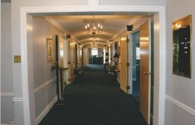 Hotel hallway with green carpet, cream walls, and doors lining both sides