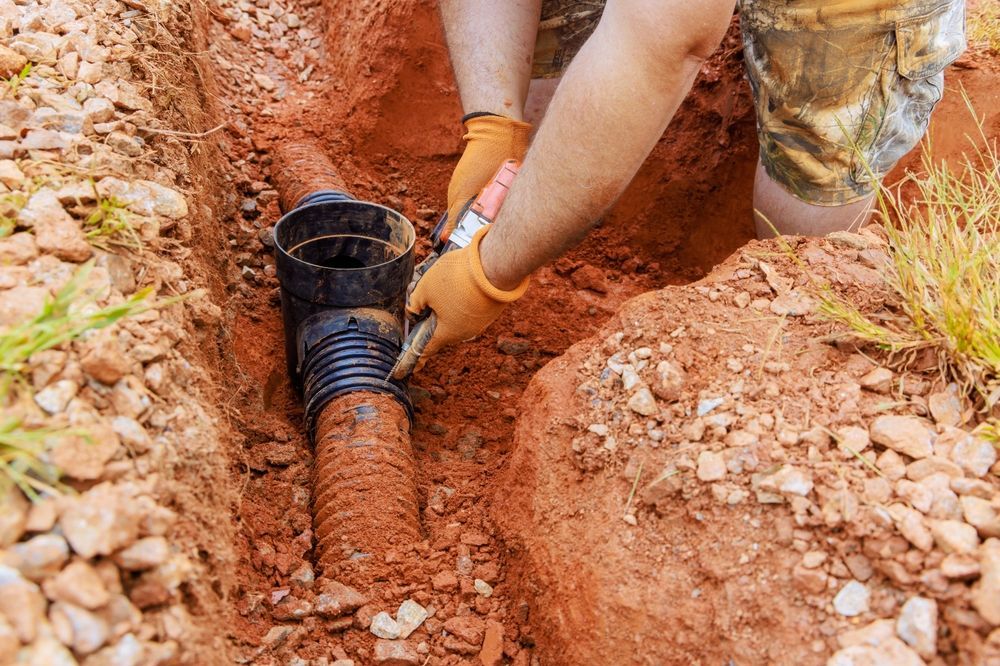 Person using caulk to connect drain pipes in a trench.