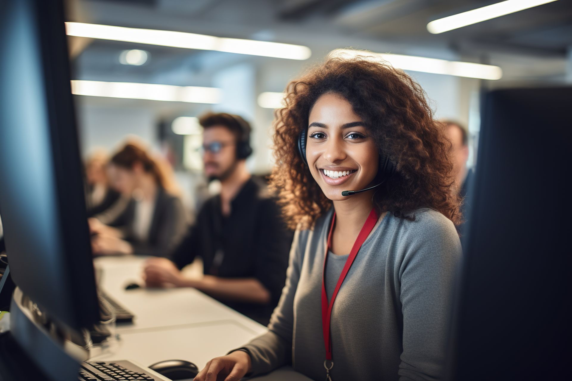 A woman is sitting in front of a computer wearing a headset and smiling.
