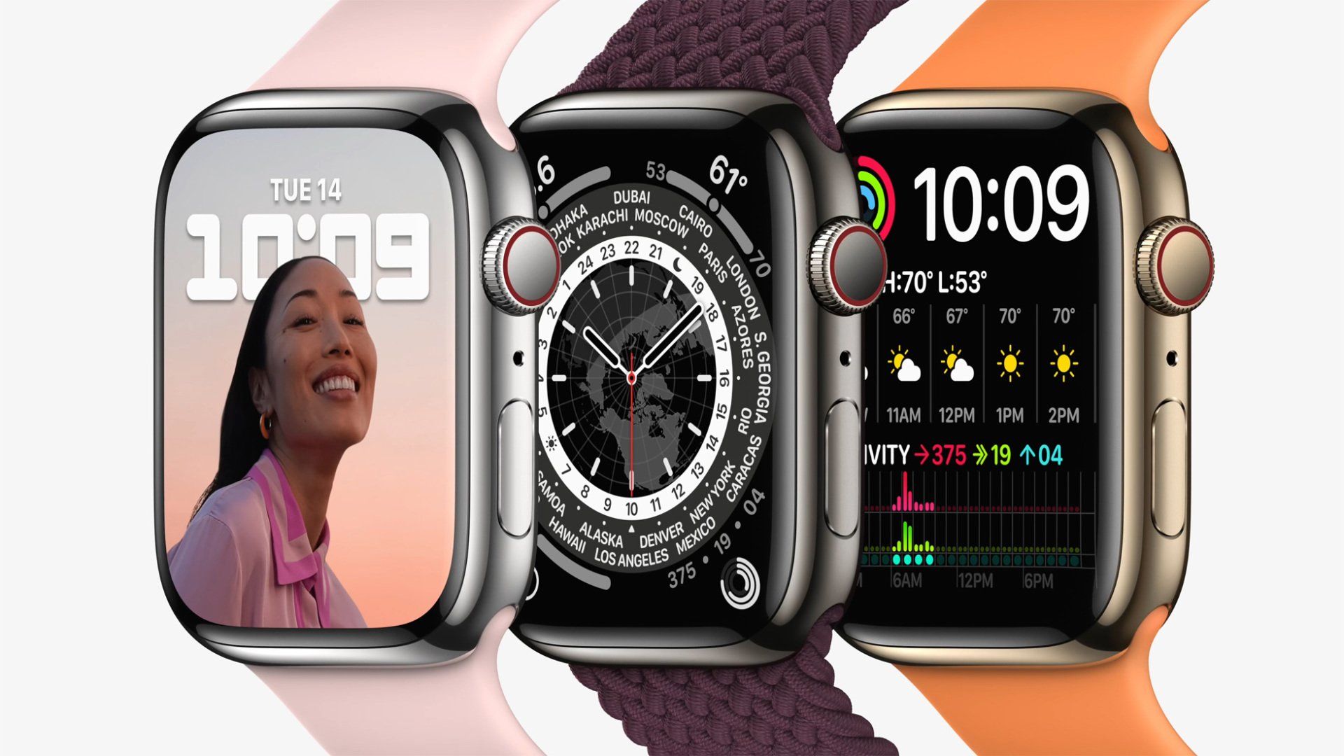 Three apple watches are sitting next to each other on a white background.