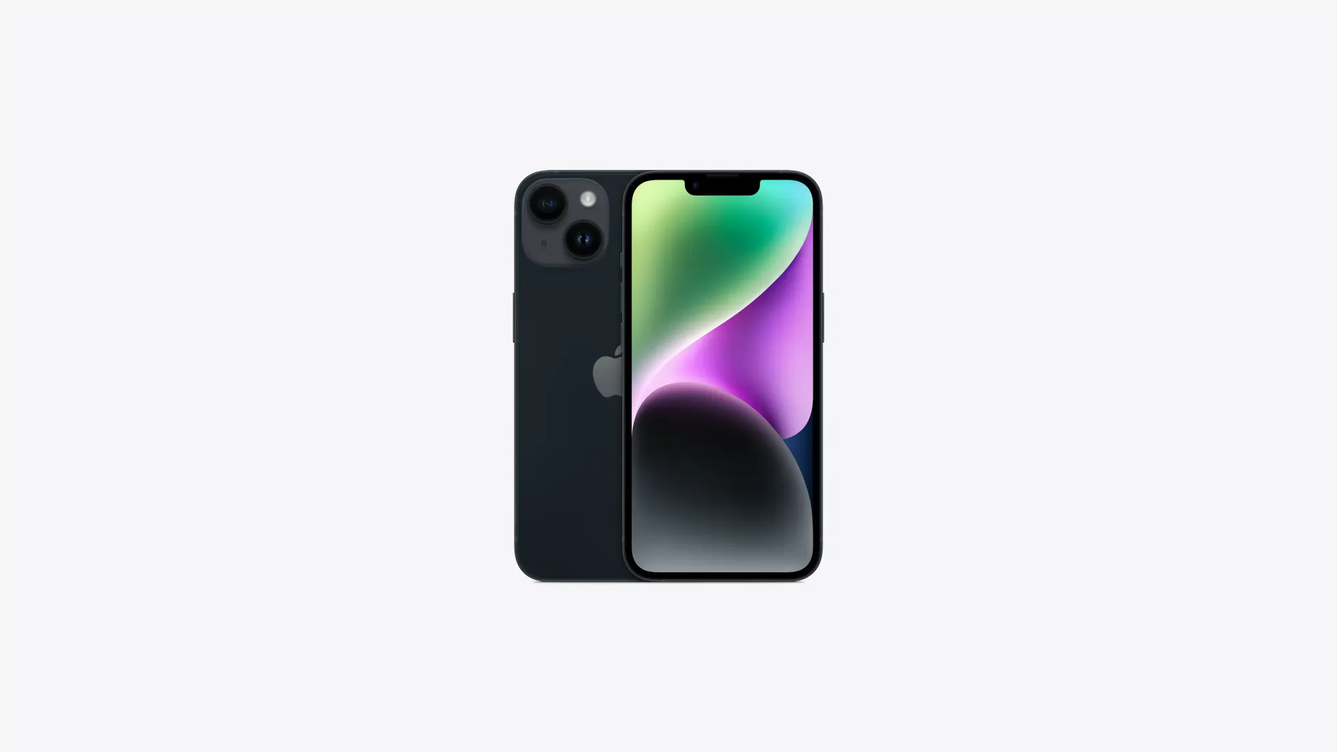 A black iphone 13 is sitting on a white surface.