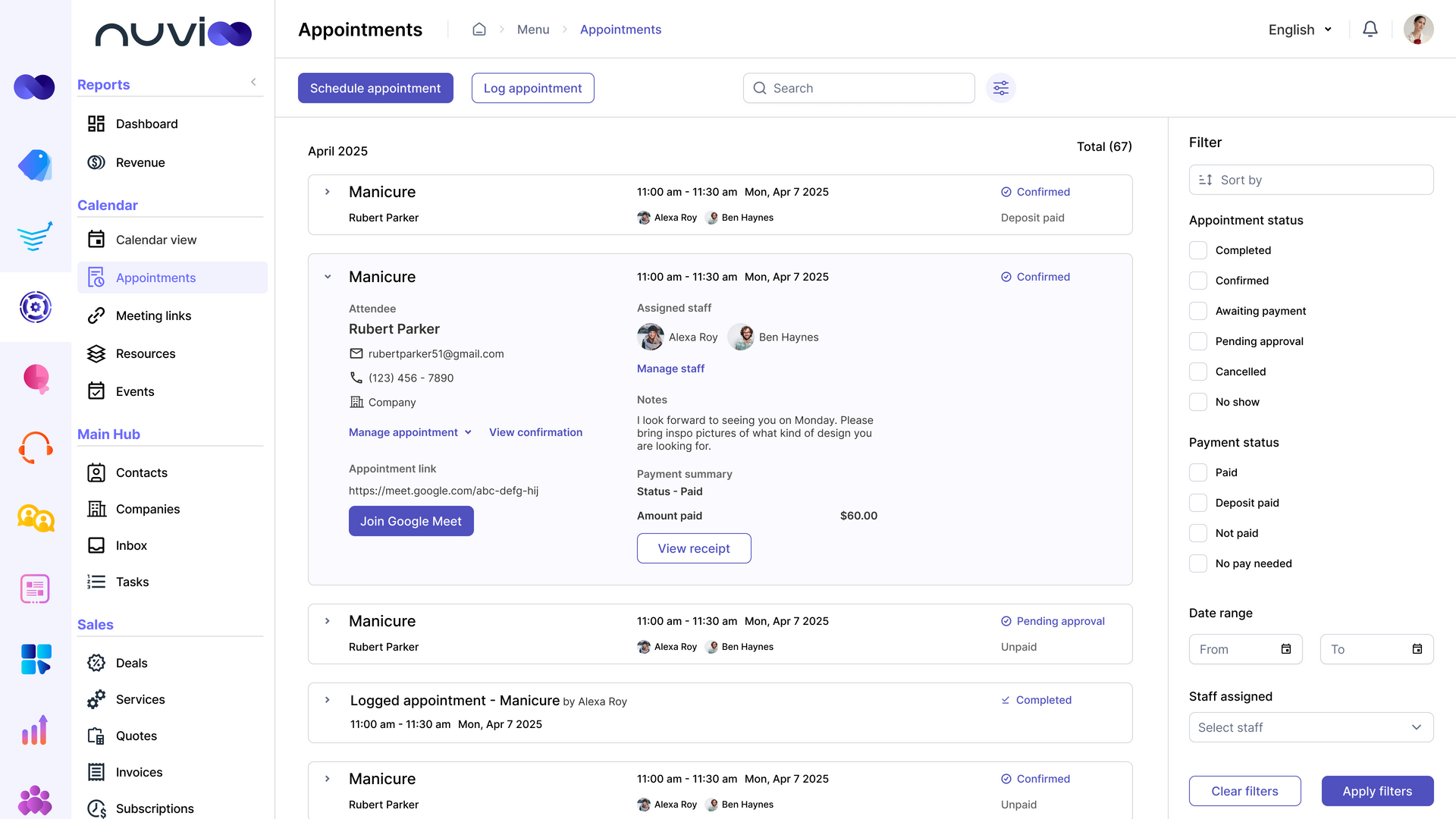 Dashboard displaying application information with a left-side navigation bar and filter options on the right.