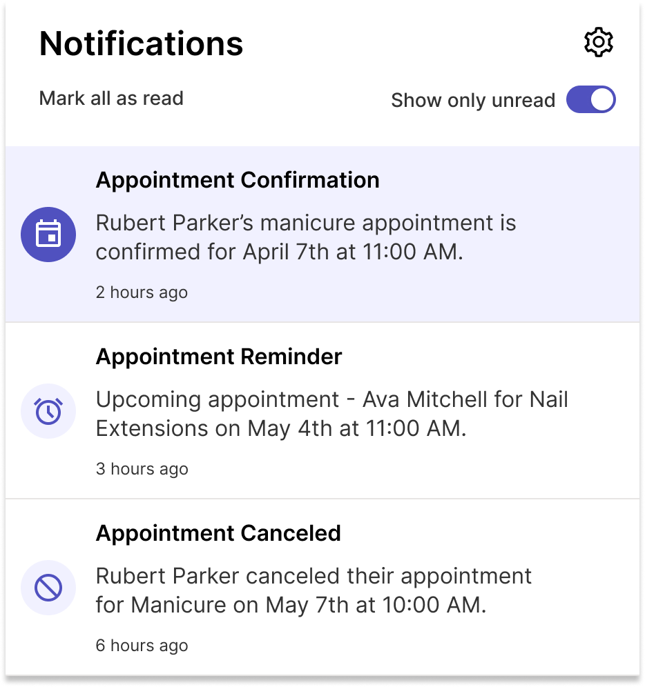 Notifications list: appointment confirmations, reminders, and cancellations.