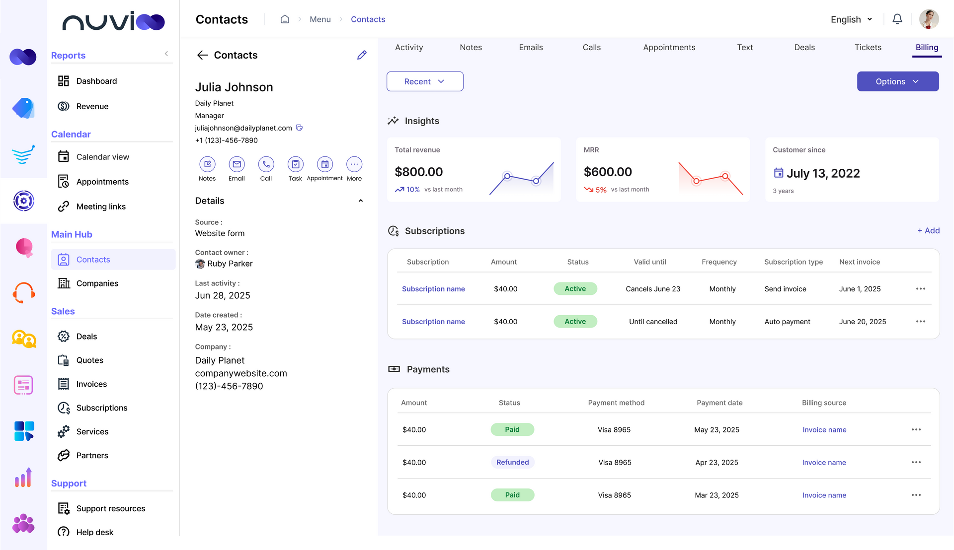 Dashboard with financial data: charts, tables, and a menu on a purple and white interface.