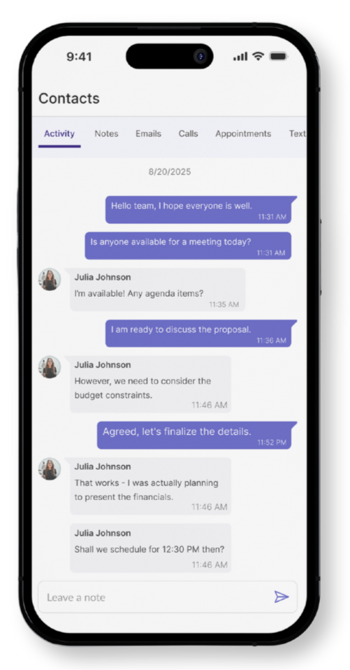 Mobile phone screen showing a chat log with the name 