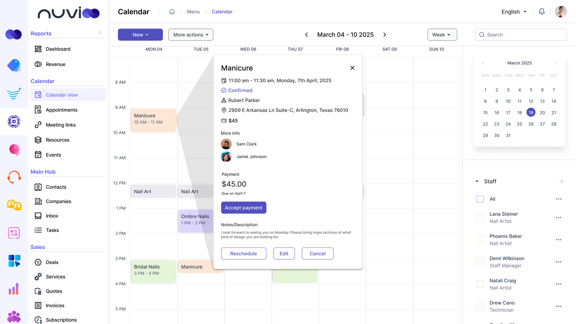 Calendar view with meeting details in a pop-up. Shows date, time, attendees, and related notes.