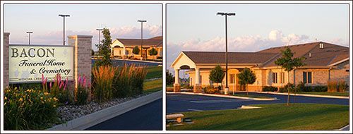 A split-view showing the sign and building of Bacon Funeral Home & Crematory in a landscaped setting at dusk.