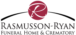 Logo for Rasmusson-Ryan Funeral Home & Crematory featuring a stylized white letter