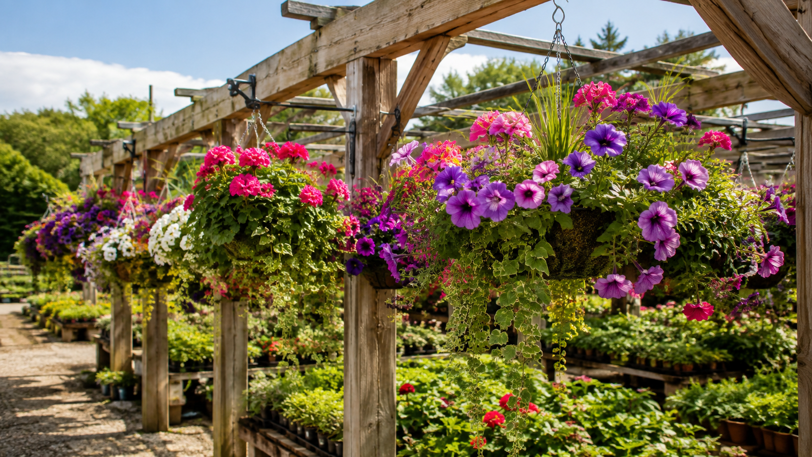 Colorful seasonal hanging baskets with blooming flowers displayed at a garden center