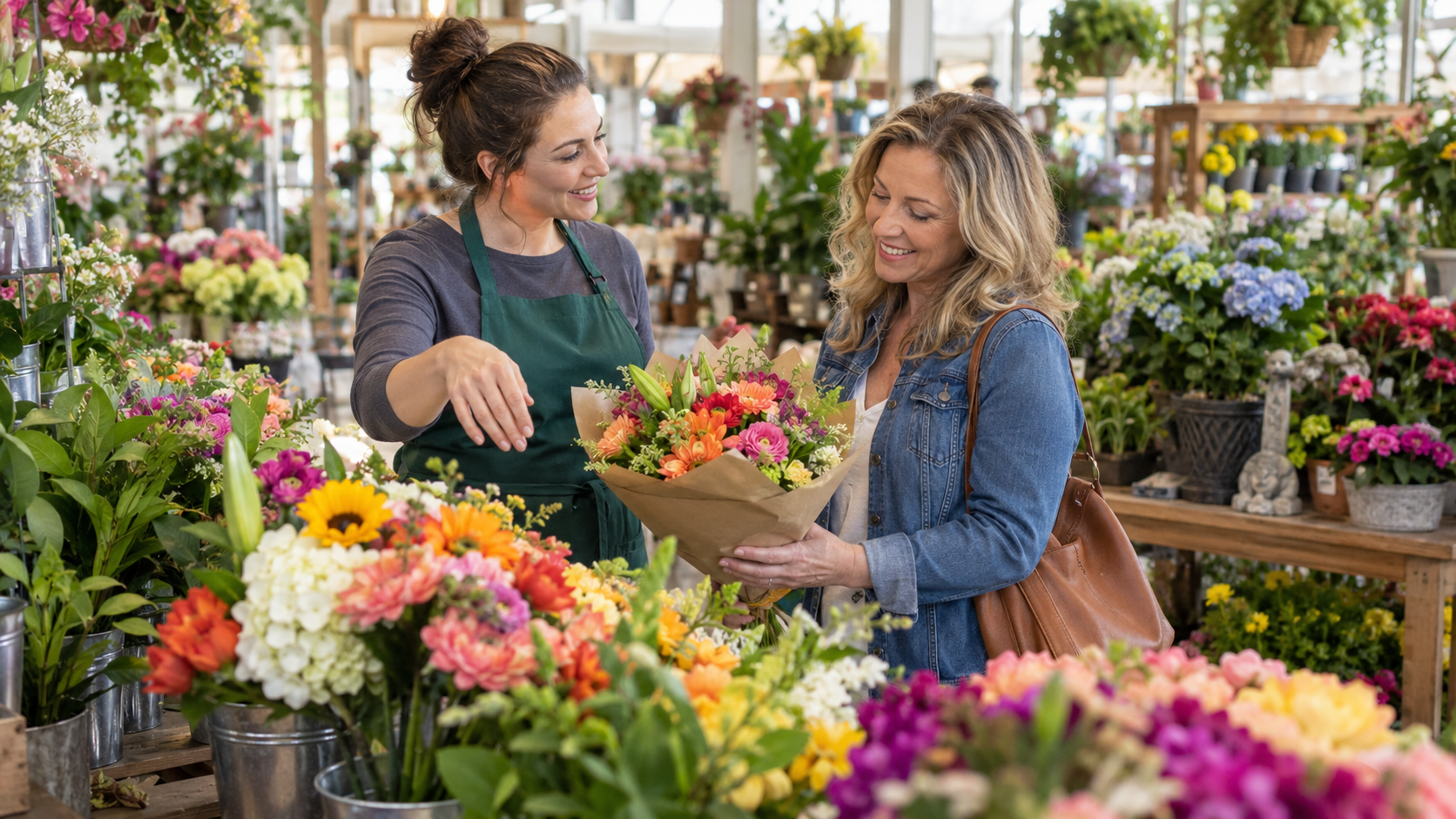 Customer choosing a flower arrangement with help from a garden center employee