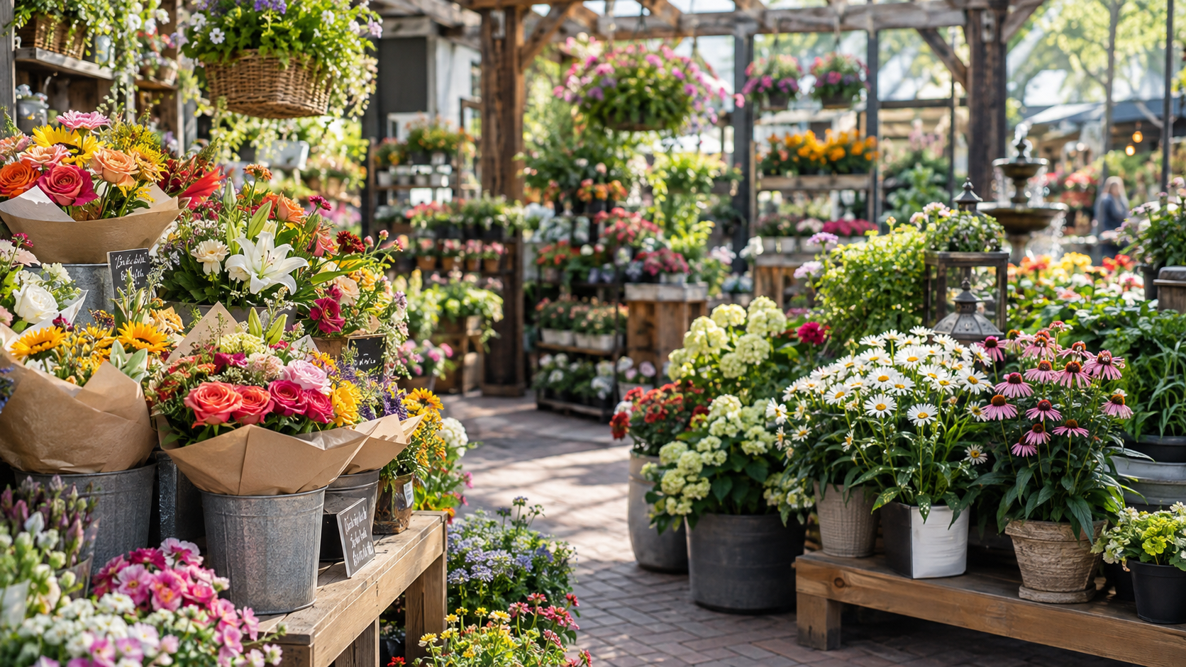 Fresh floral arrangements and plants displayed in a welcoming garden center
