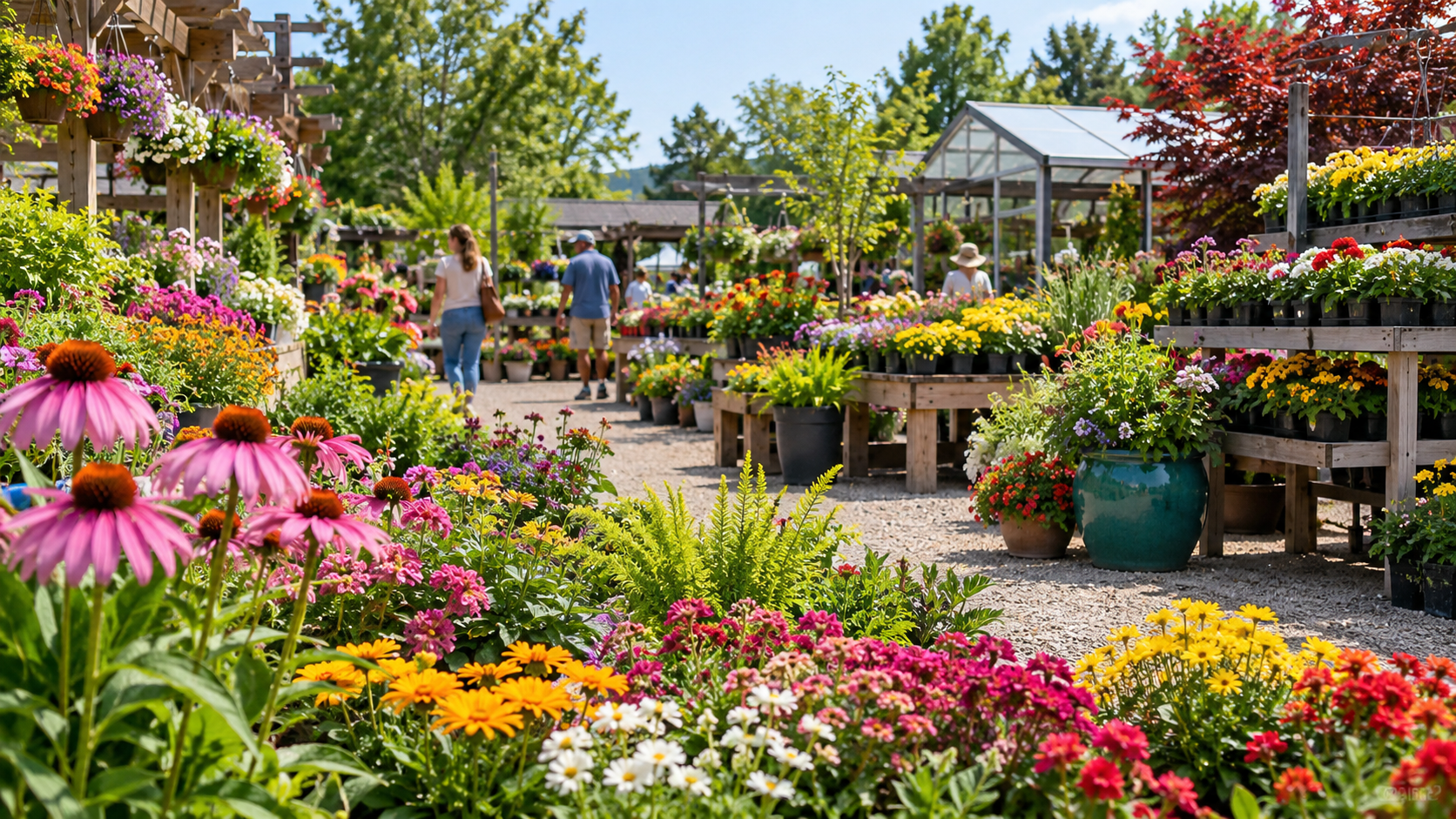 Colorful flower display at a garden center with seasonal blooms and plants